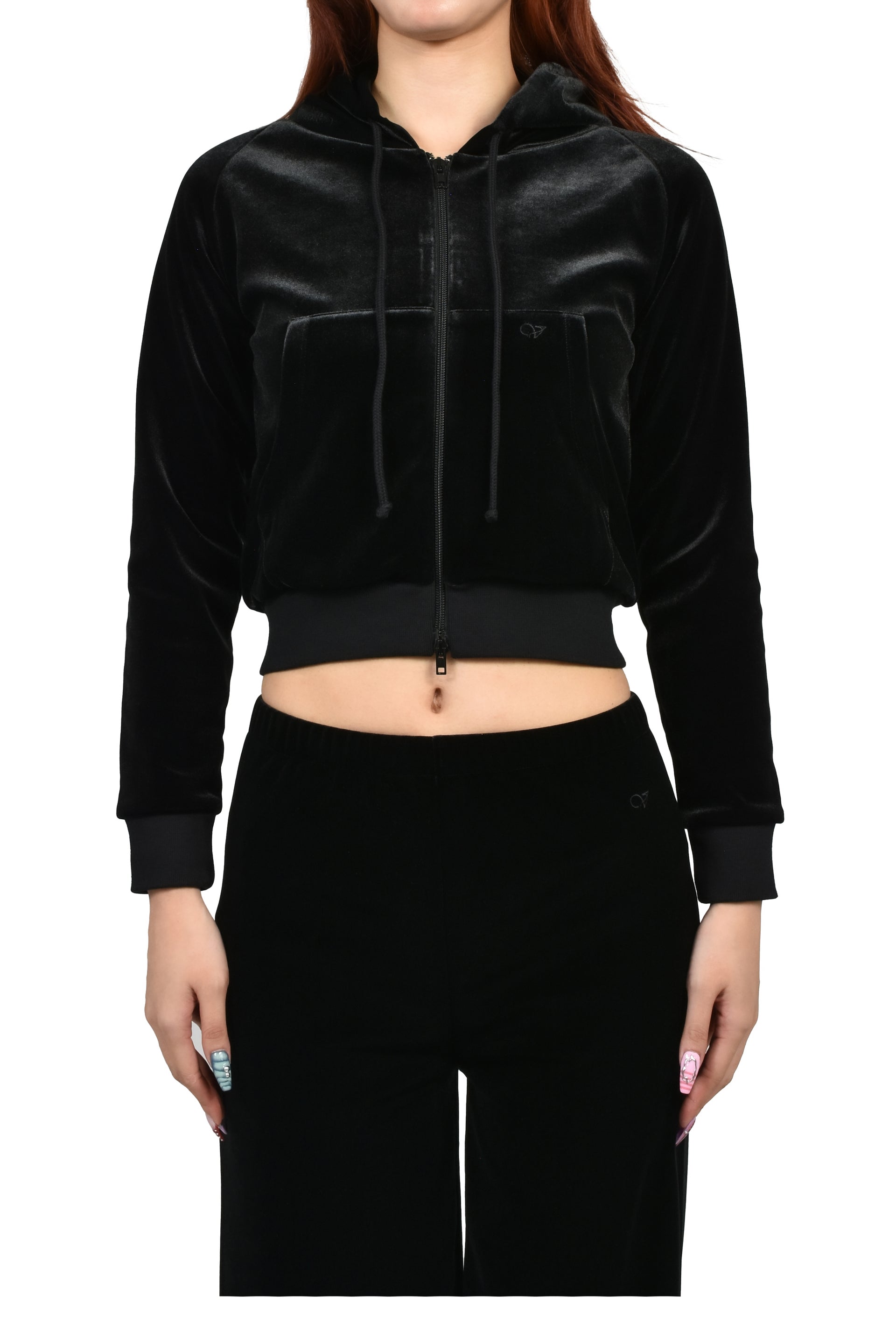 VELVET FITTED ZIP-UP HOODIE / BLK