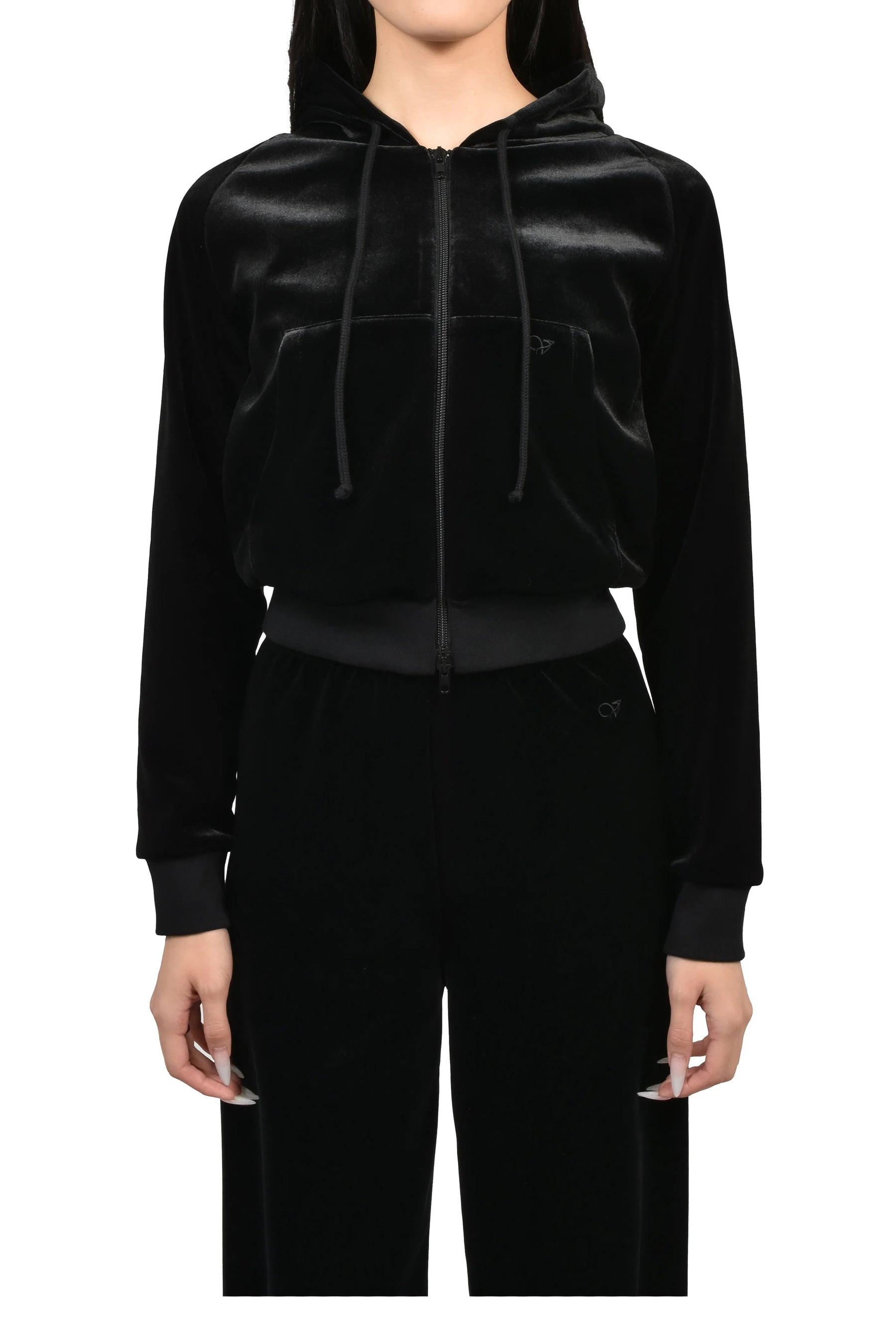 VELVET FITTED ZIP-UP HOODIE / BLK
