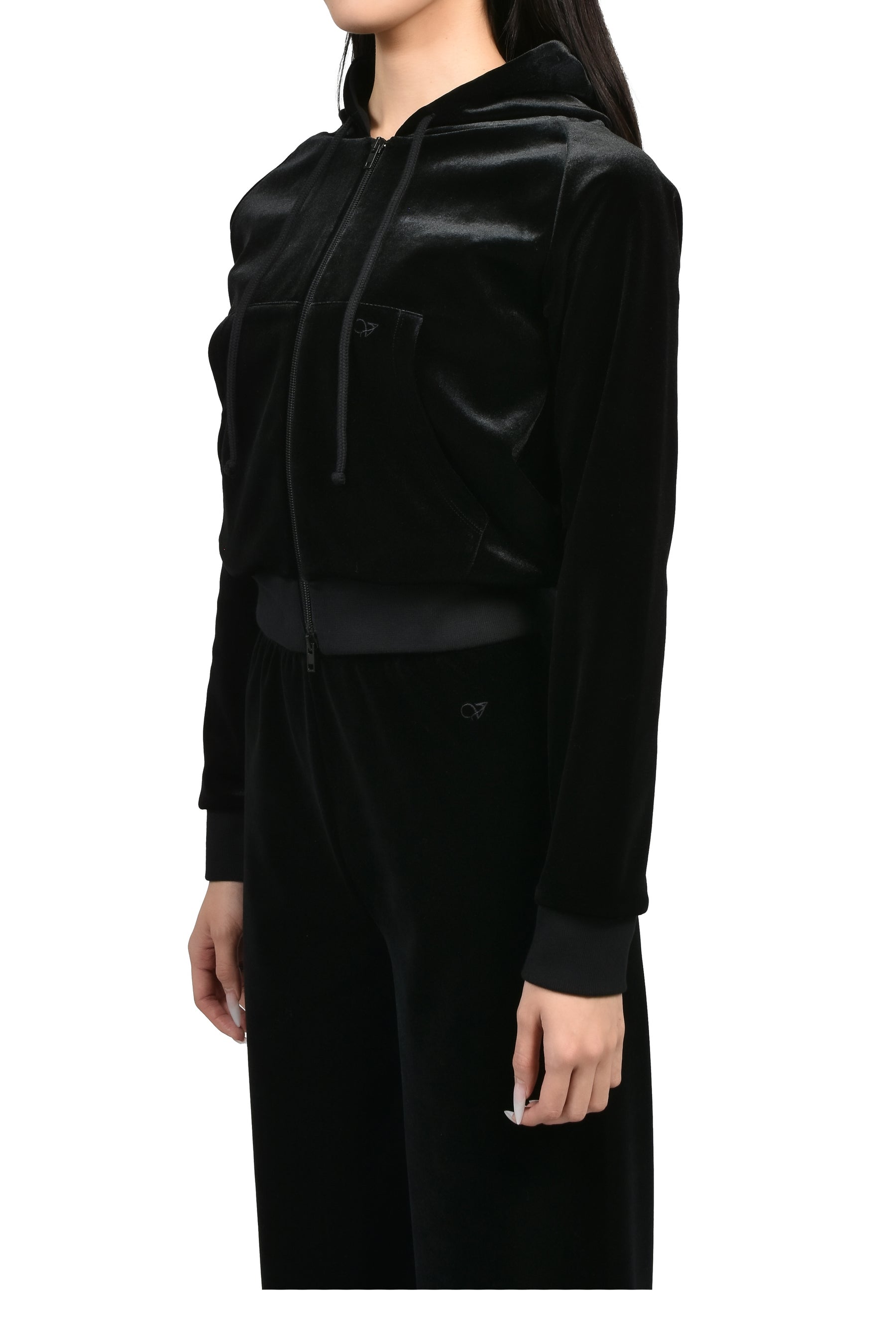 VELVET FITTED ZIP-UP HOODIE / BLK