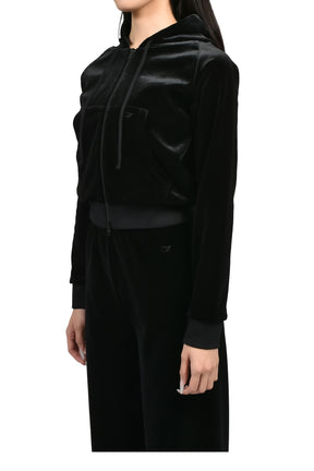 VELVET FITTED ZIP-UP HOODIE / BLK