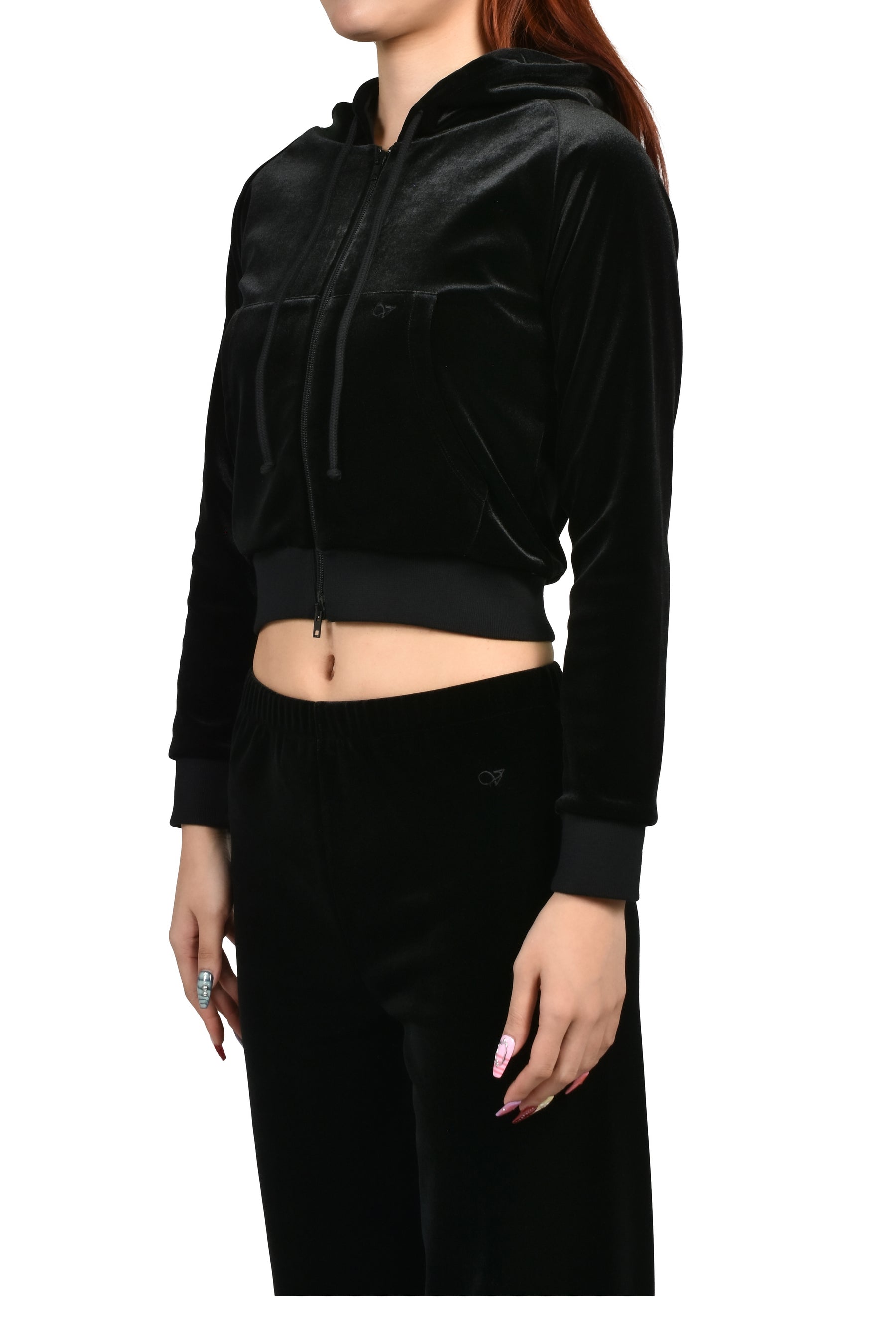 VELVET FITTED ZIP-UP HOODIE / BLK