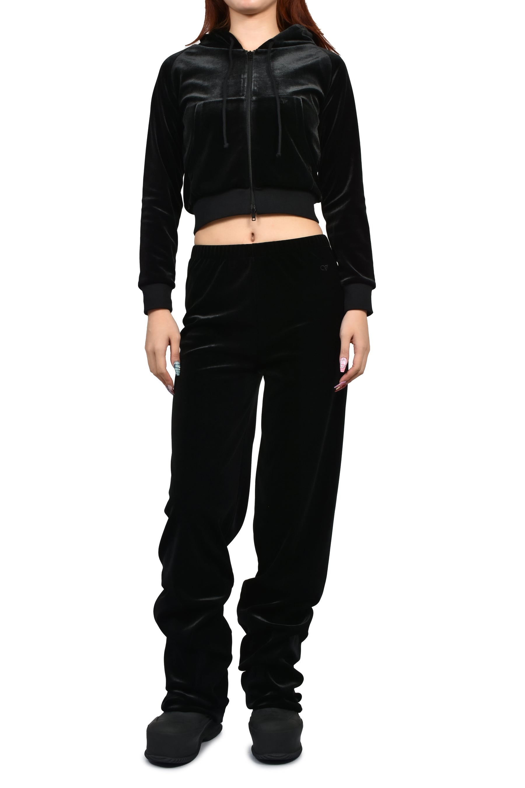 VELVET FITTED ZIP-UP HOODIE / BLK