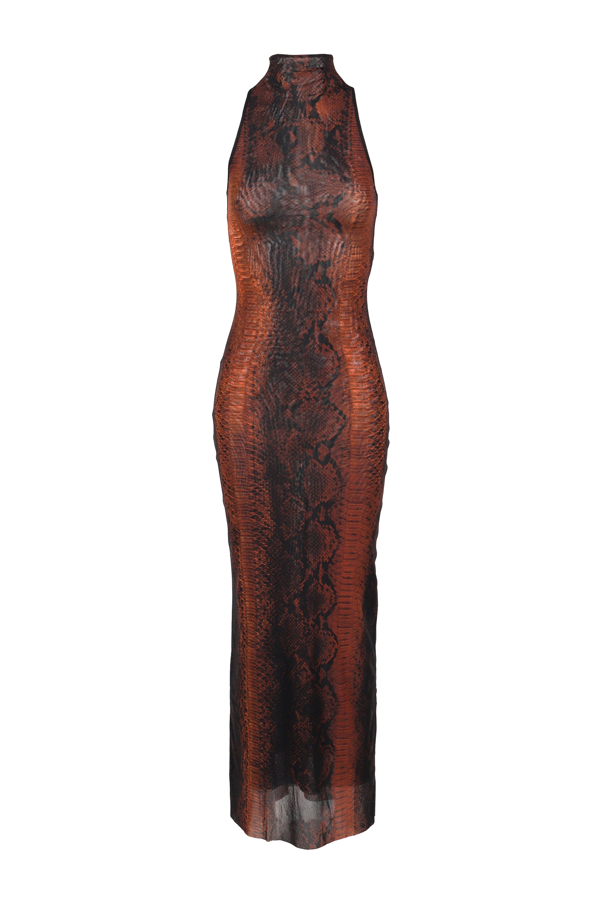 Jean Paul Gaultier SS26 MESH HIGH NECK LONG DRESS PRINTED "PYTHON" / BRW/BLK - NUBIAN Jean Paul Gaultier SS26 MESH HIGH NECK LONG DRESS PRINTED "PYTHON" / BRW/BLK - NUBIAN