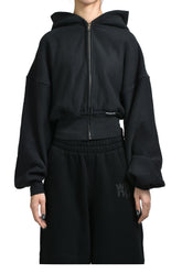 CROPPED ZIP UP HOODIE WITH BRANDED SEAM LABEL / FADED BLK