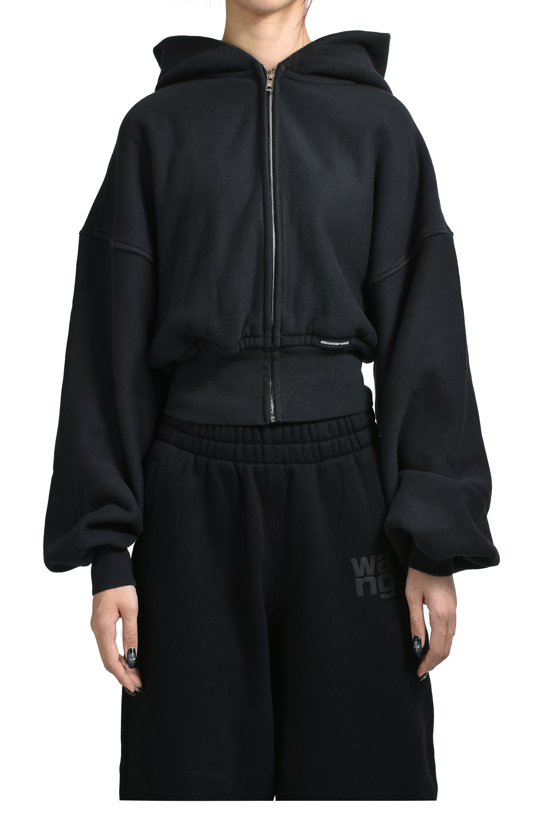 CROPPED ZIP UP HOODIE WITH BRANDED SEAM LABEL / FADED BLK