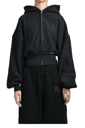 CROPPED ZIP UP HOODIE WITH BRANDED SEAM LABEL / FADED BLK
