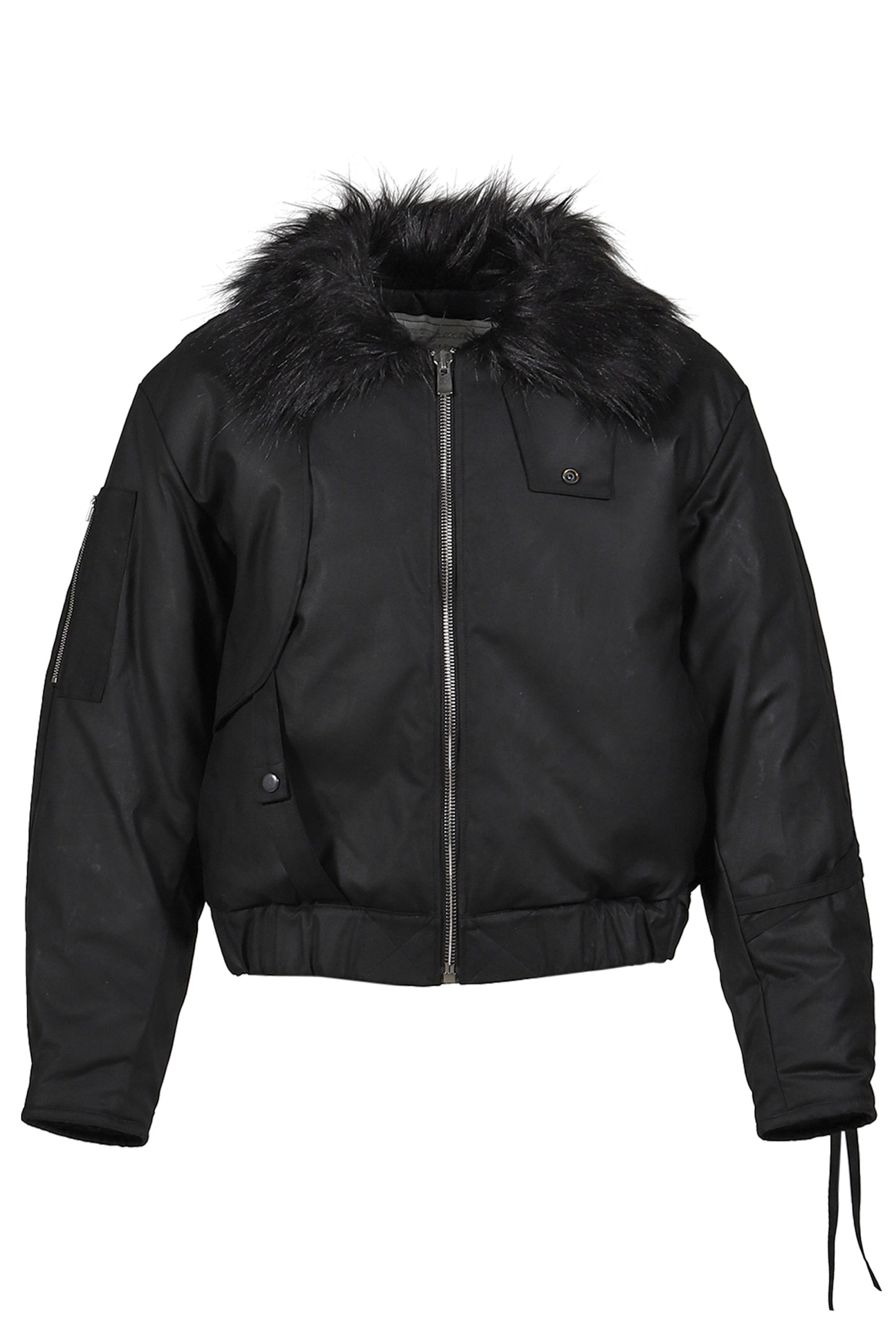 PRINTED FAUX FUR BOMBER JACKET / BLK 