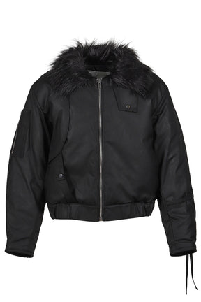 PRINTED FAUX FUR BOMBER JACKET / BLK 