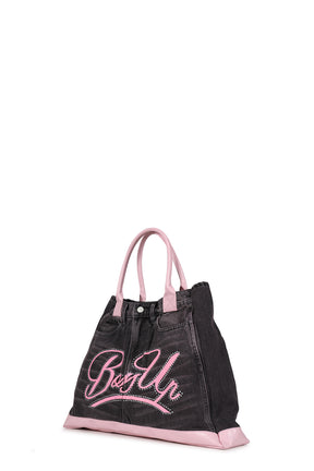 REMAKE DENIM TOTE BAG / BLK/PINK