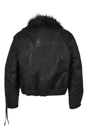 PRINTED FAUX FUR BOMBER JACKET / BLK 