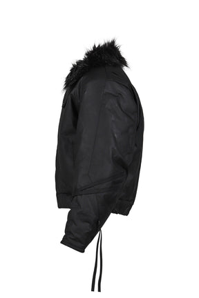 PRINTED FAUX FUR BOMBER JACKET / BLK 