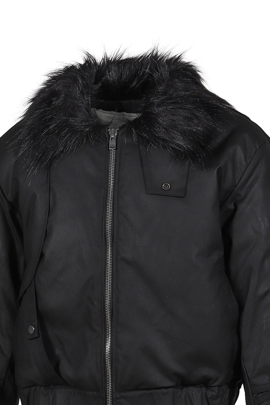 PRINTED FAUX FUR BOMBER JACKET / BLK 