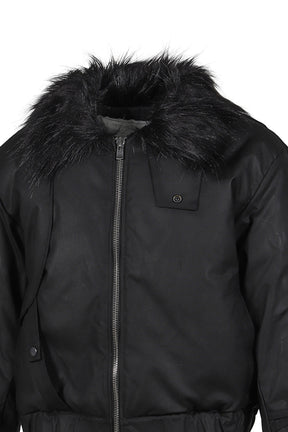 PRINTED FAUX FUR BOMBER JACKET / BLK 