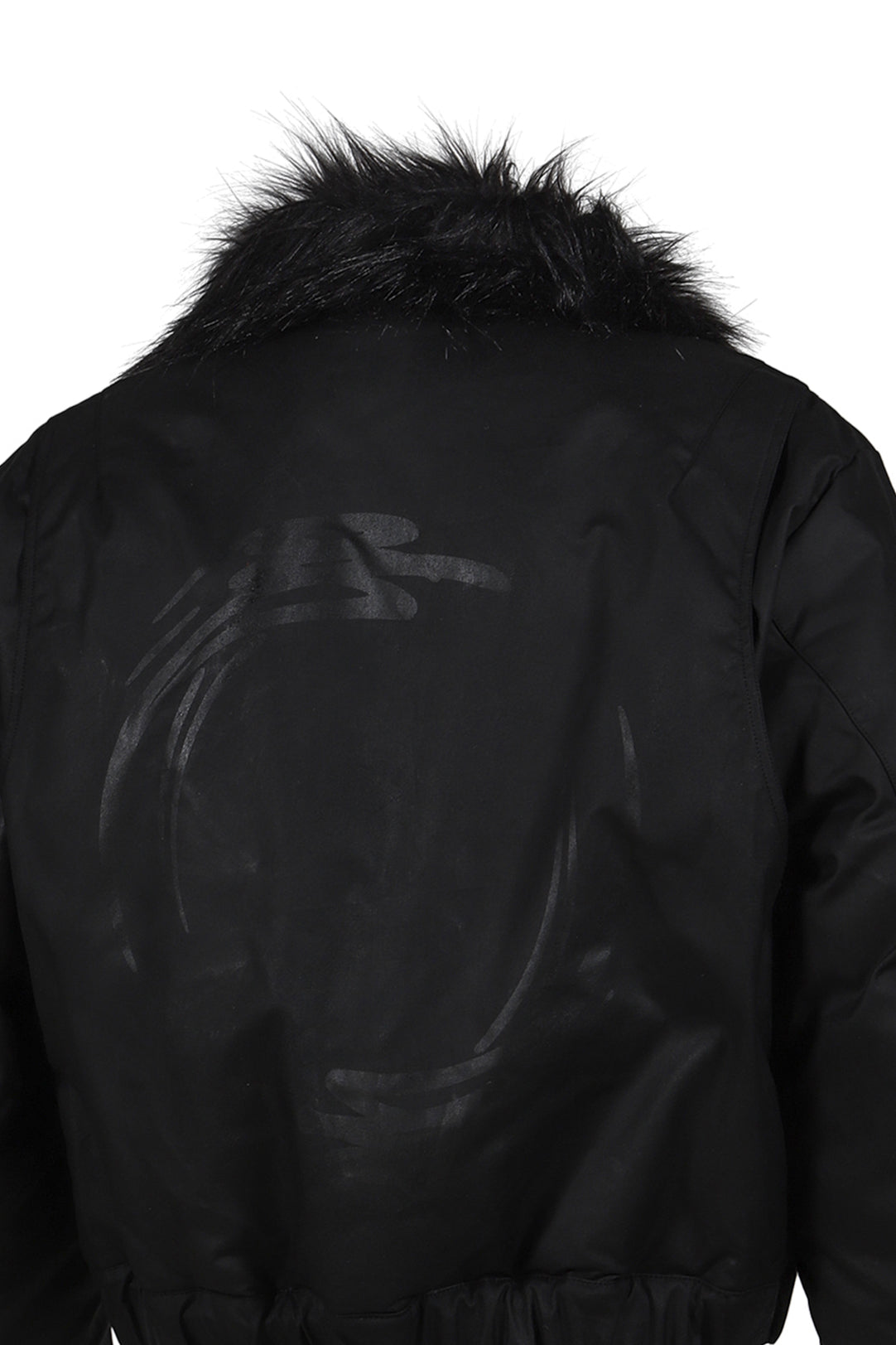PRINTED FAUX FUR BOMBER JACKET / BLK 