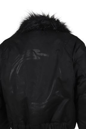 PRINTED FAUX FUR BOMBER JACKET / BLK 