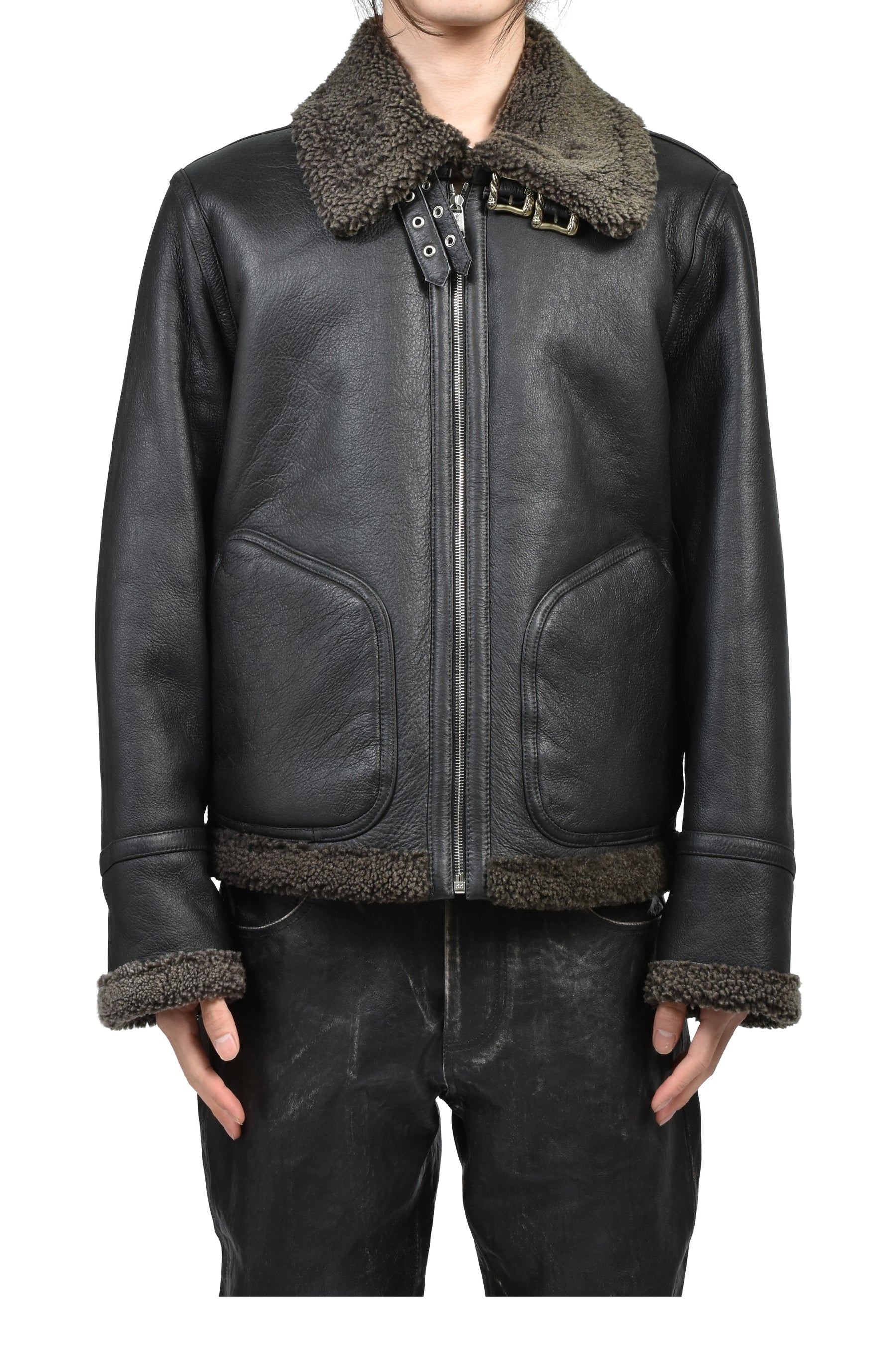 SERBIAN SHEARLING ZIP JACKET / BLK GRY