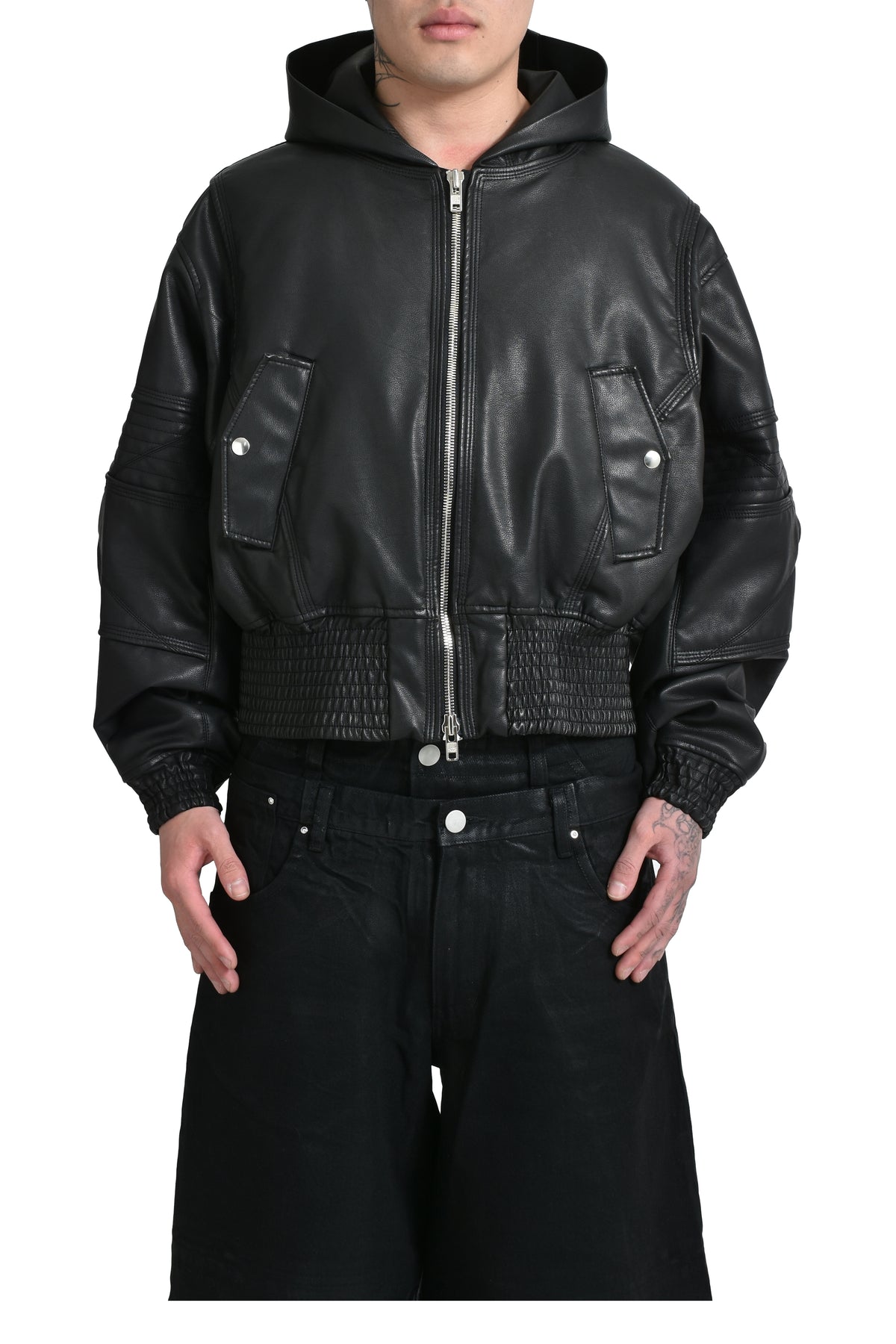 HOODED LEATHER BOMBER JACKET / BLK