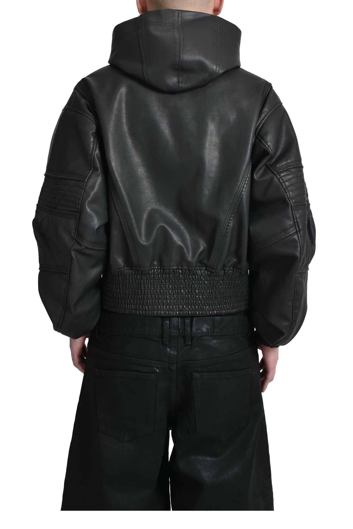 HOODED LEATHER BOMBER JACKET / BLK