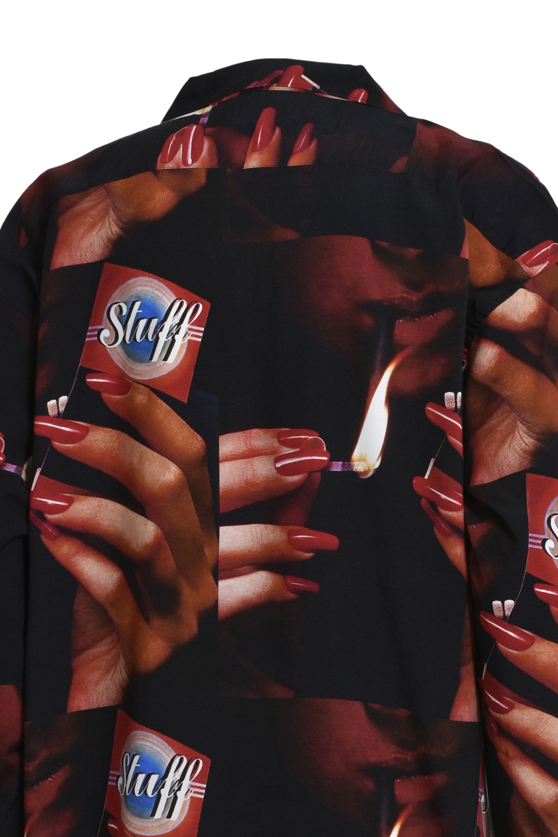 PRINTED OPEN COLLOAR SHIRTS L/S "STUFF" / BLK