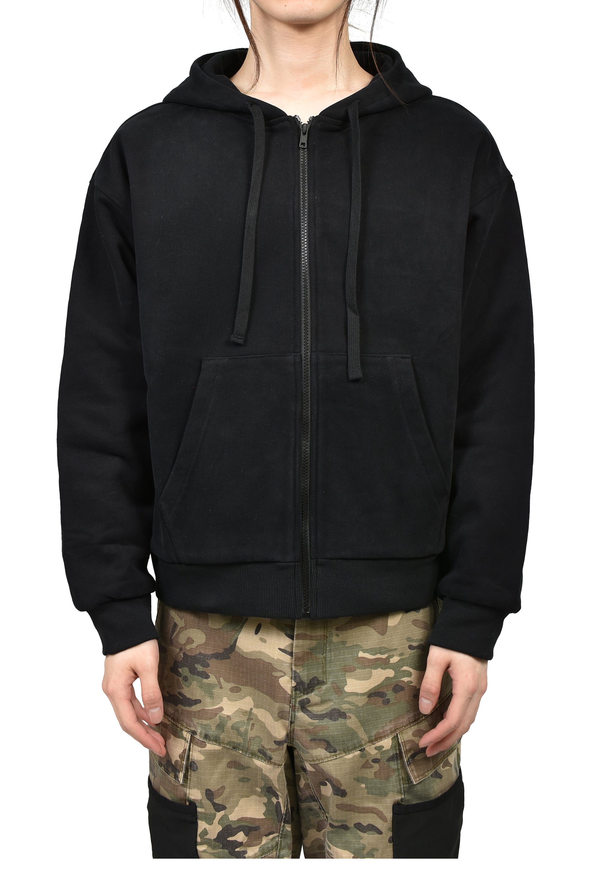 DOUBLE LAYER ZIP UP HOODIE  / BLK