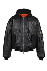 LEATHER BOMBER WITH ATTACHED HOOD / BLK