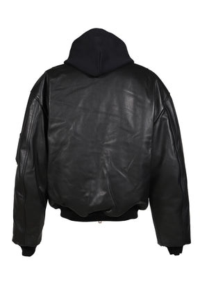 LEATHER BOMBER WITH ATTACHED HOOD / BLK