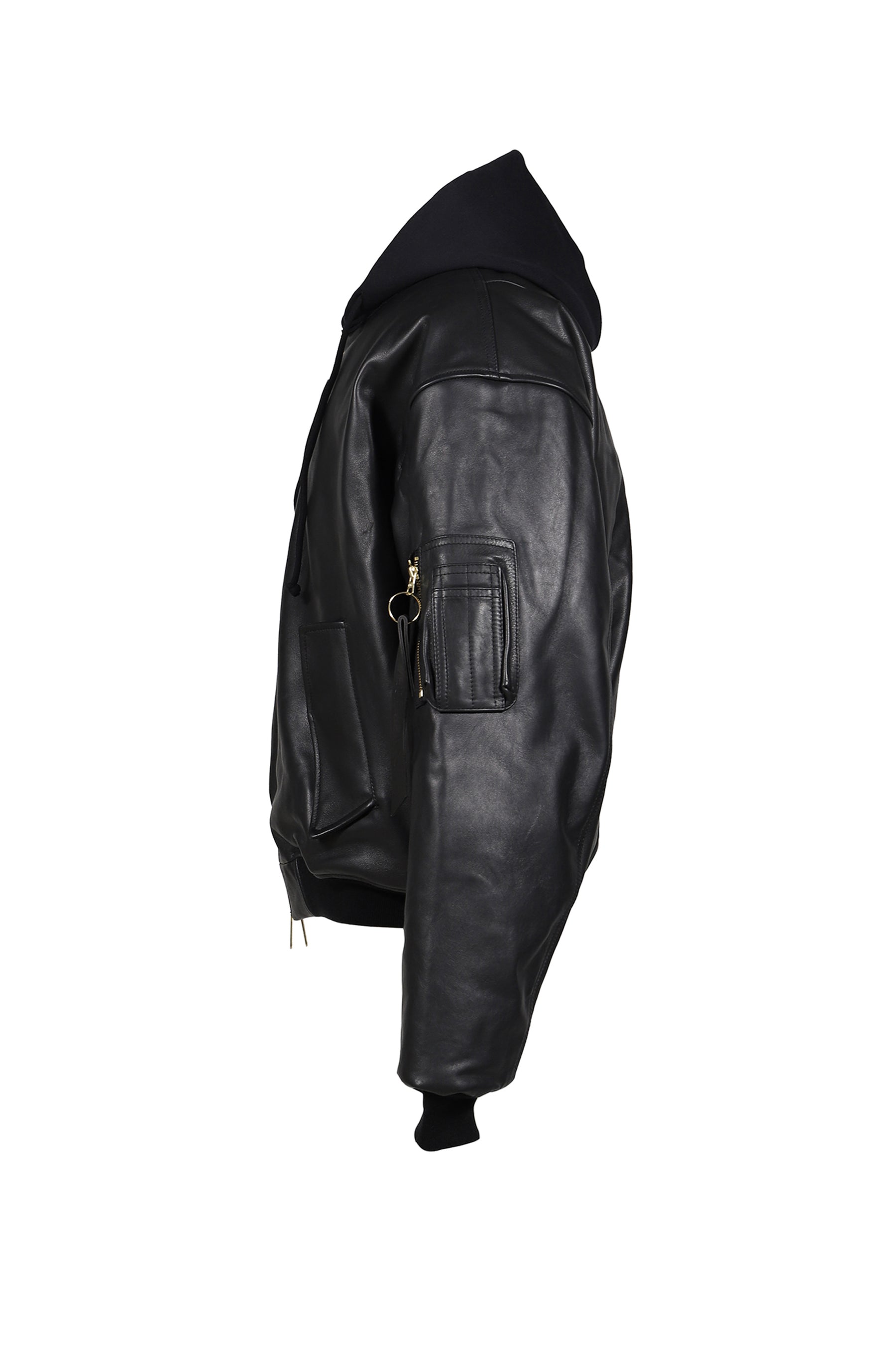 LEATHER BOMBER WITH ATTACHED HOOD / BLK