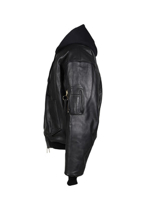 LEATHER BOMBER WITH ATTACHED HOOD / BLK