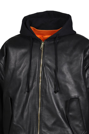 LEATHER BOMBER WITH ATTACHED HOOD / BLK