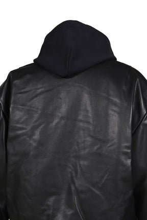 LEATHER BOMBER WITH ATTACHED HOOD / BLK