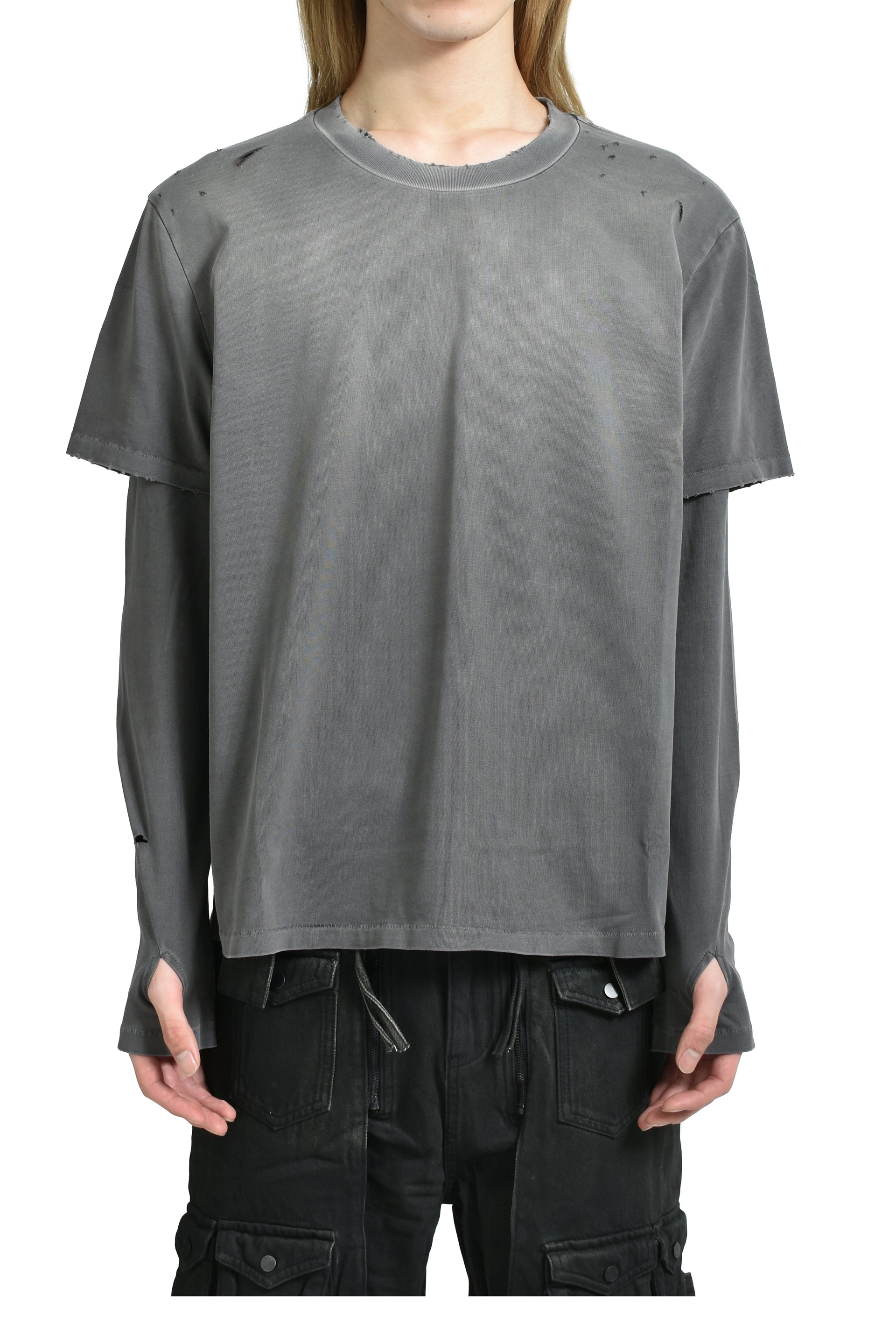 SUN FADED DOUBLE LAYER TEE / WASHED BLK