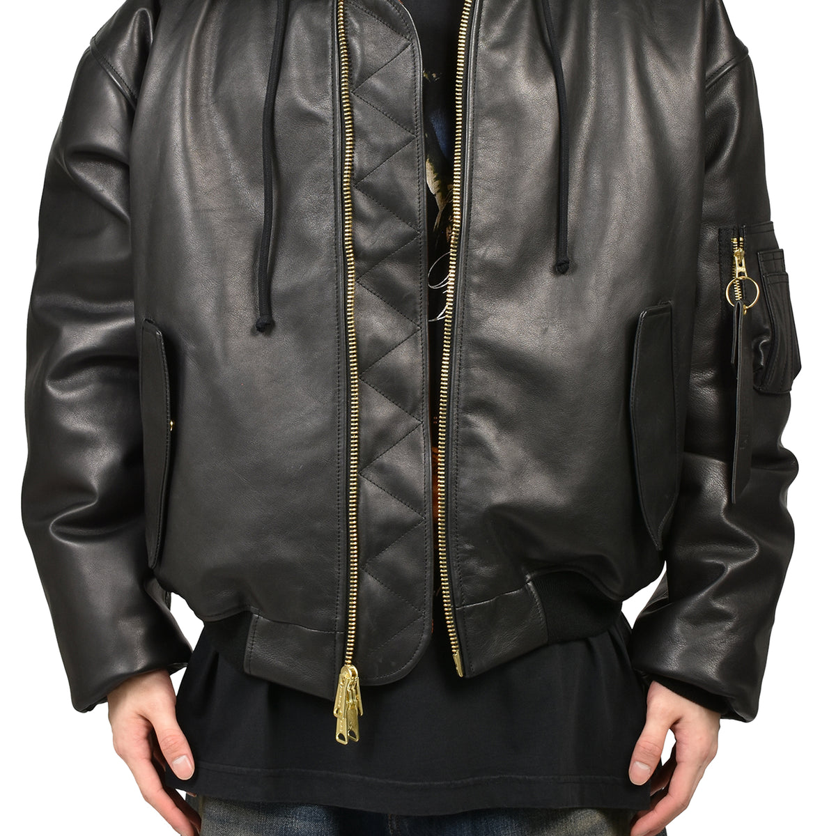 VETEMENTS ヴェトモン SS26 LEATHER BOMBER WITH ATTACHED HOOD / BLK