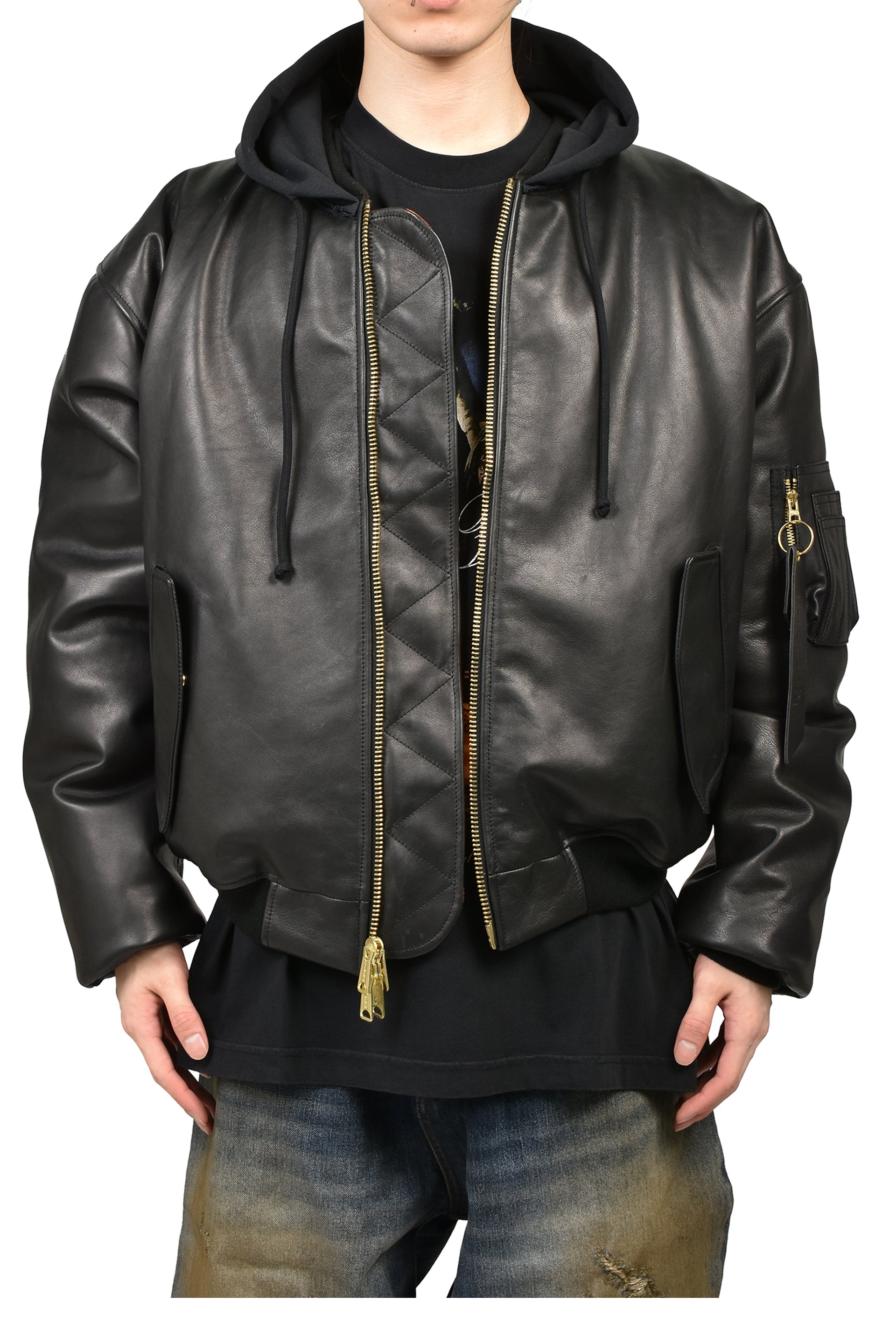 LEATHER BOMBER WITH ATTACHED HOOD / BLK