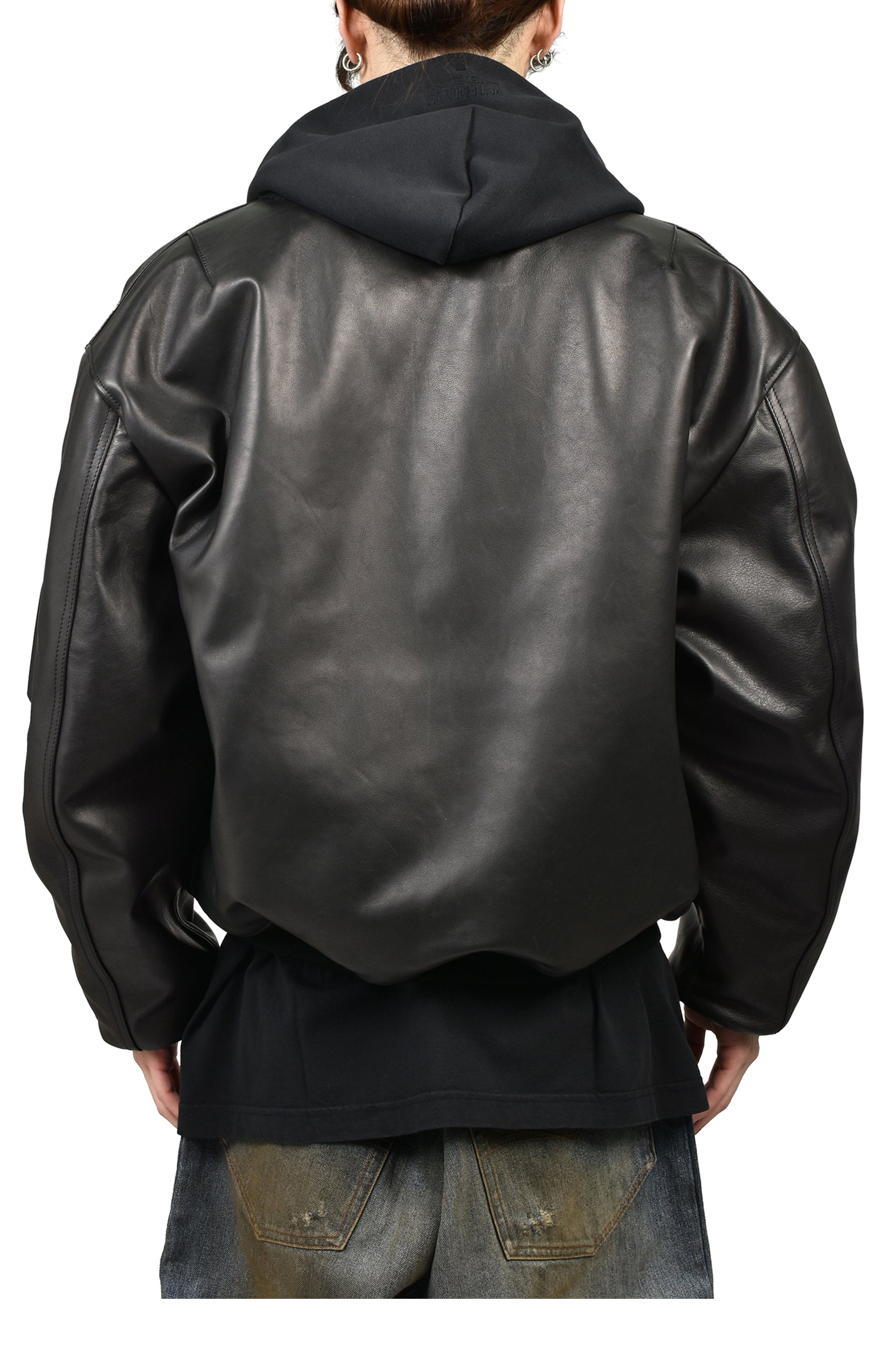 LEATHER BOMBER WITH ATTACHED HOOD / BLK
