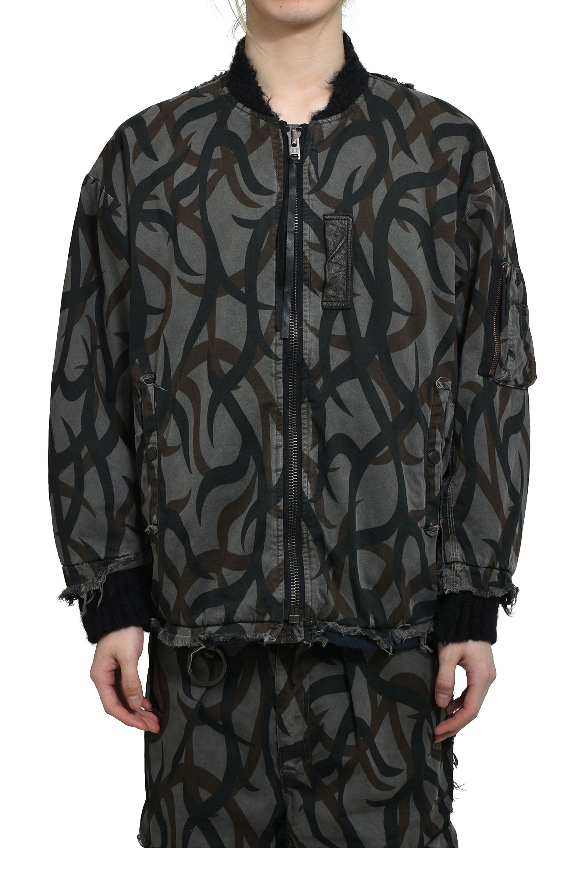 MINUS SLASH SEAM TRIBAL CAMOUFLAGE FLIGHT JACKET / BLK