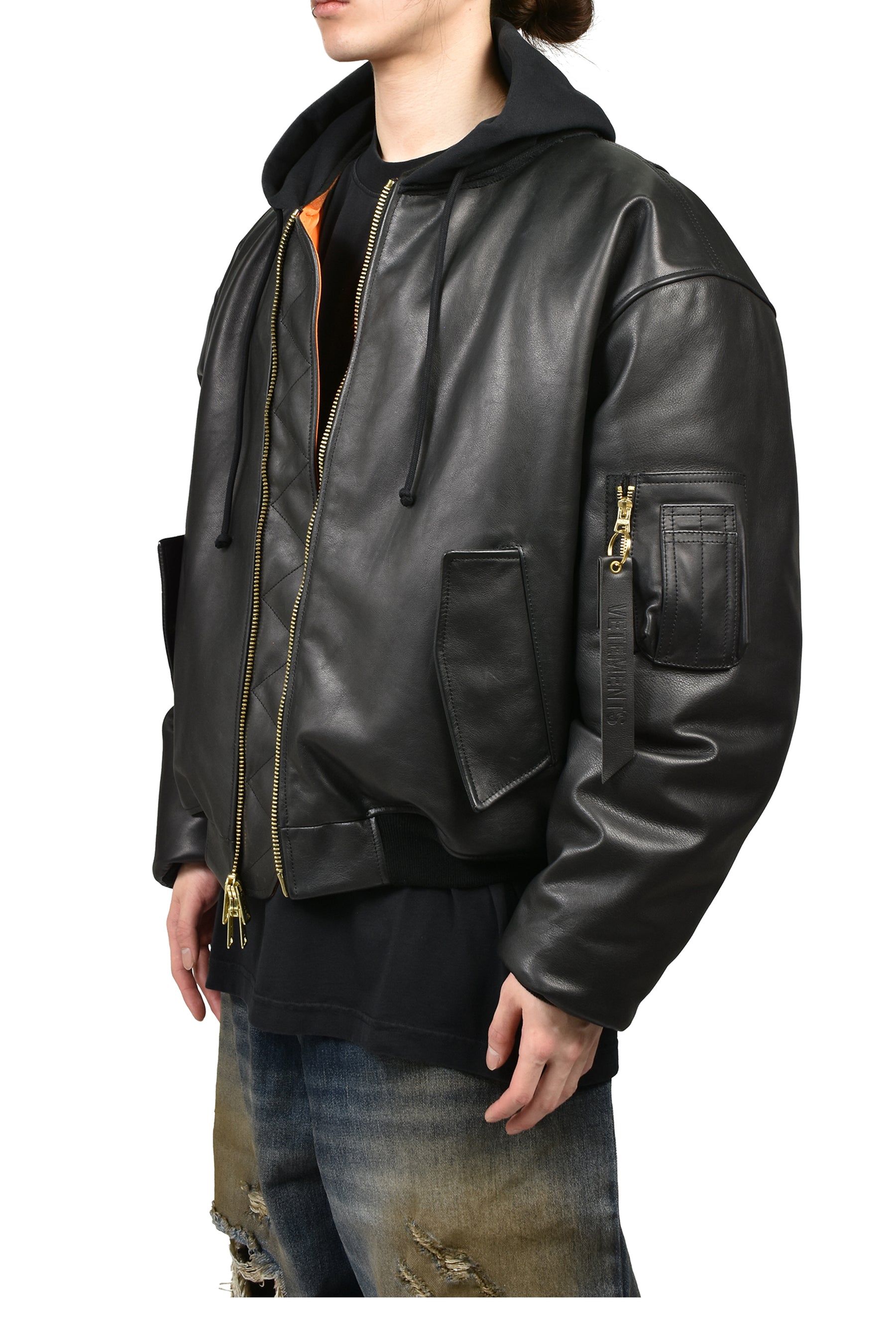LEATHER BOMBER WITH ATTACHED HOOD / BLK