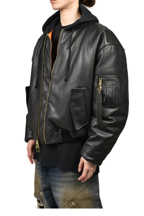 LEATHER BOMBER WITH ATTACHED HOOD / BLK
