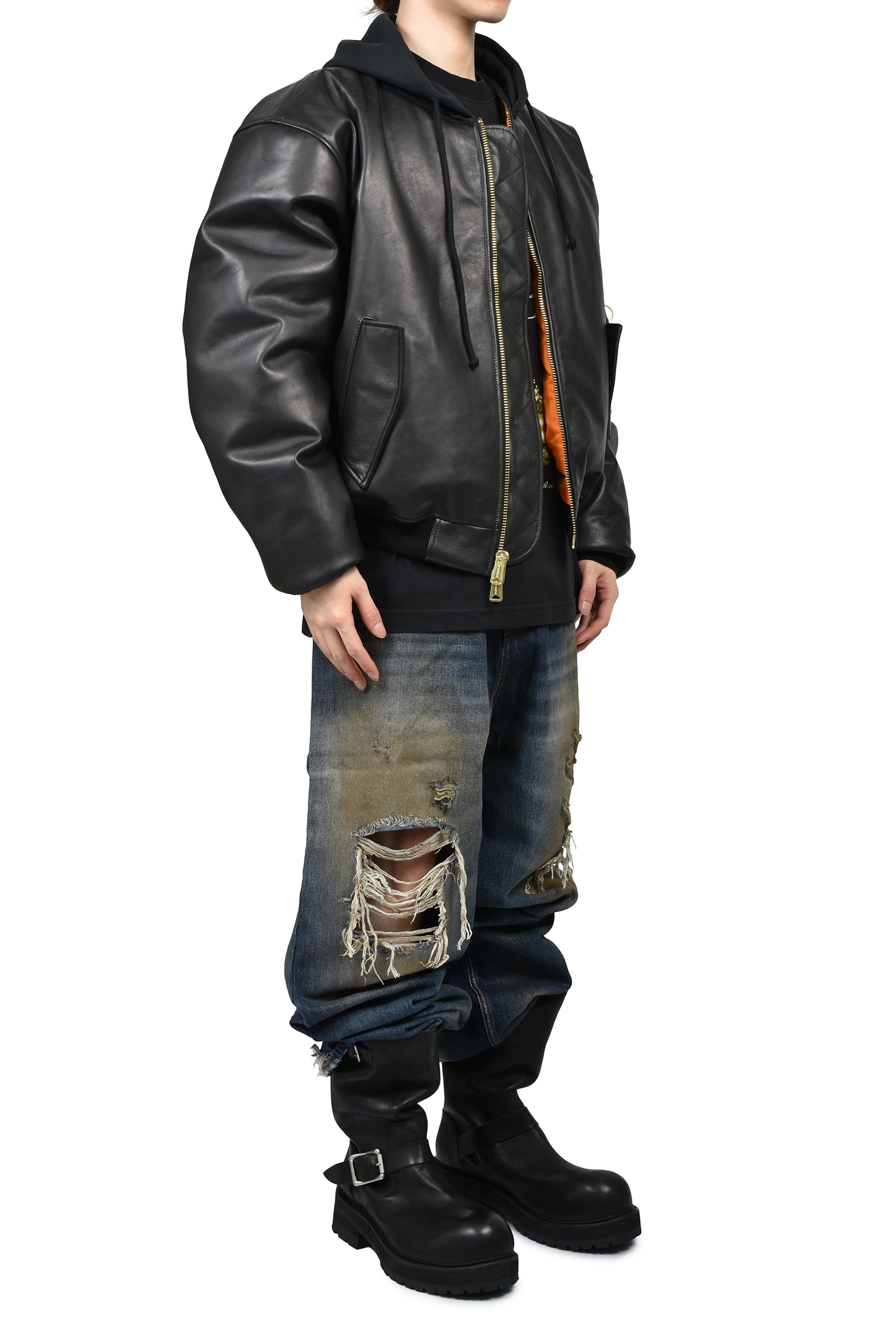 LEATHER BOMBER WITH ATTACHED HOOD / BLK