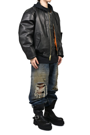 LEATHER BOMBER WITH ATTACHED HOOD / BLK