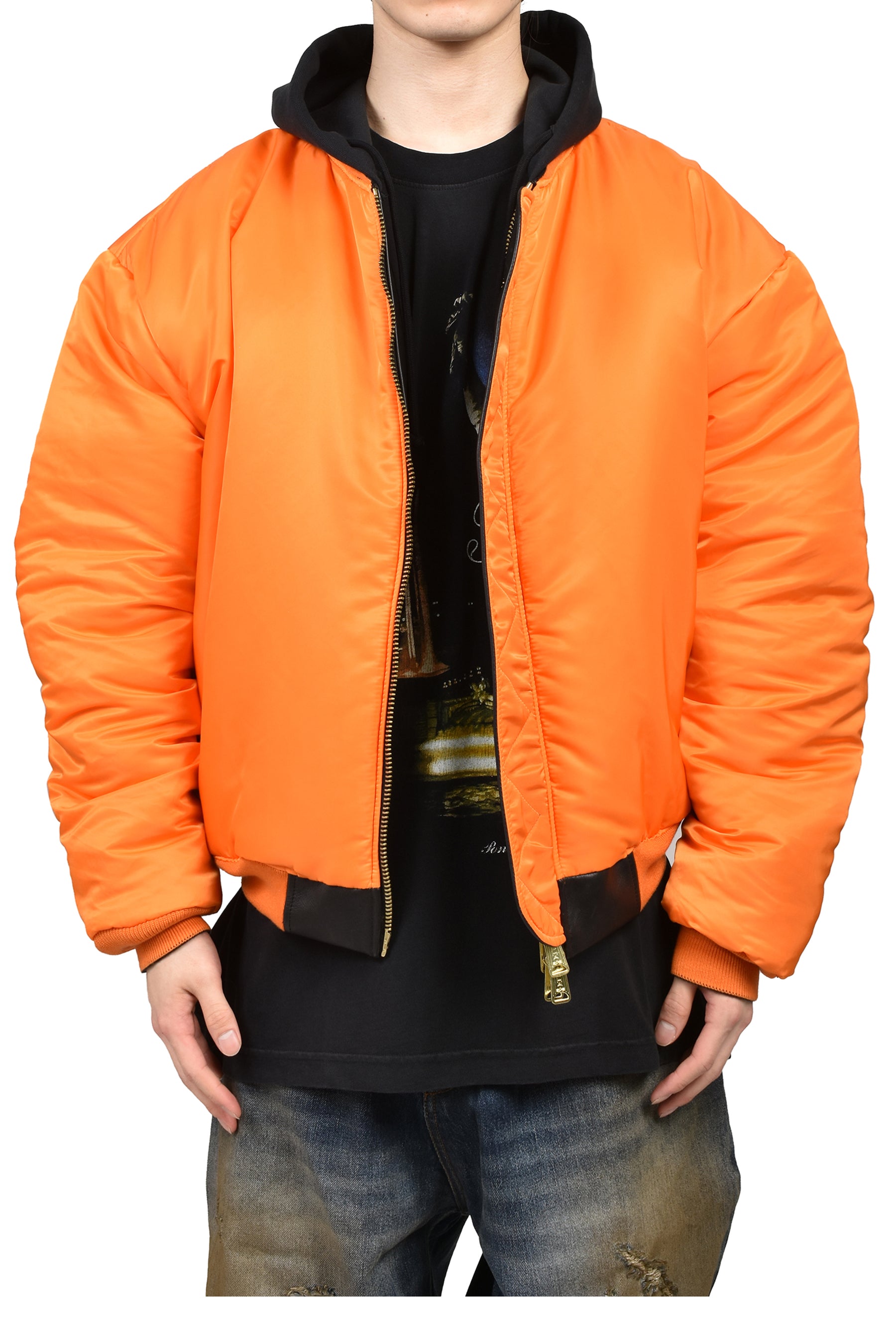 LEATHER BOMBER WITH ATTACHED HOOD / BLK