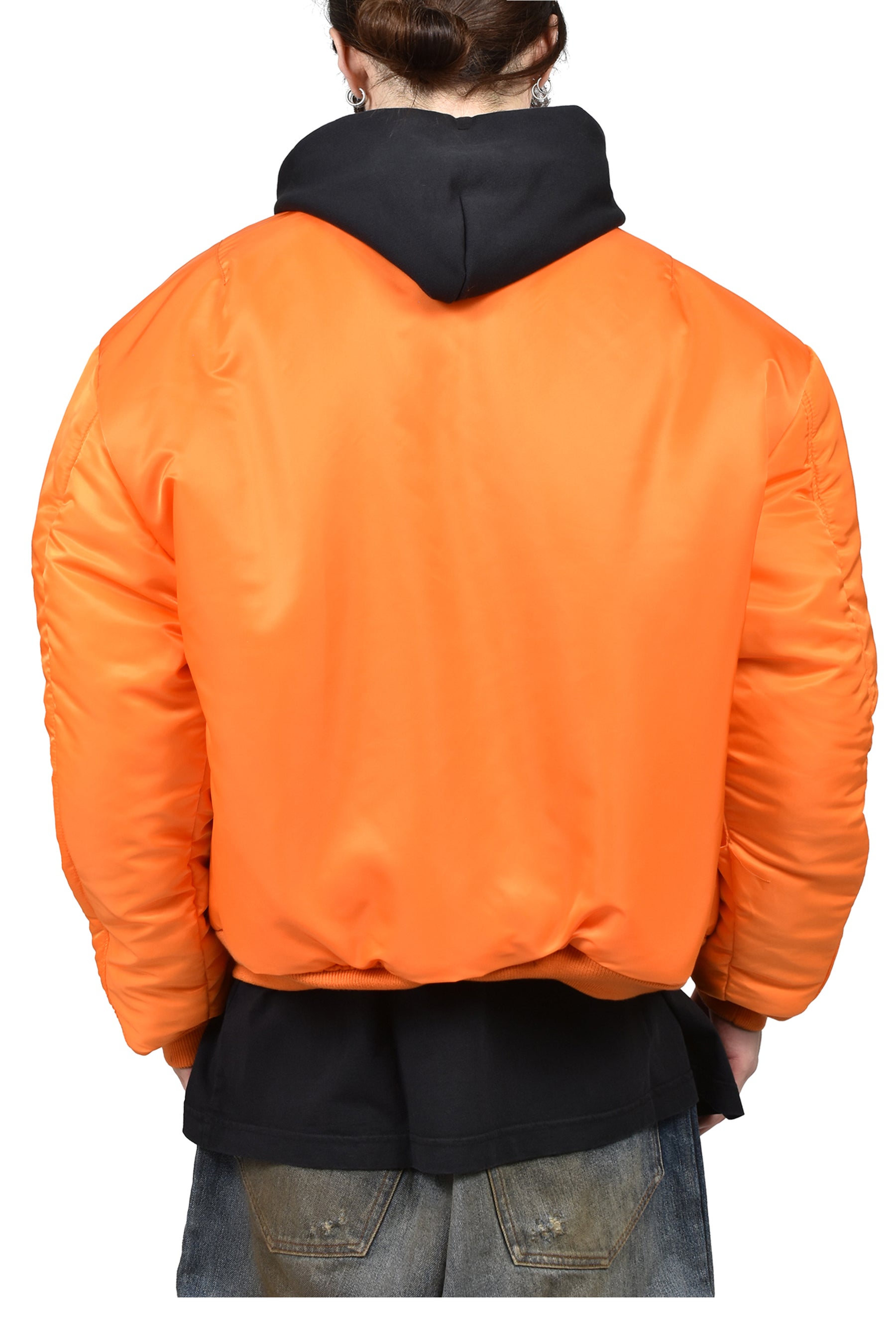 LEATHER BOMBER WITH ATTACHED HOOD / BLK