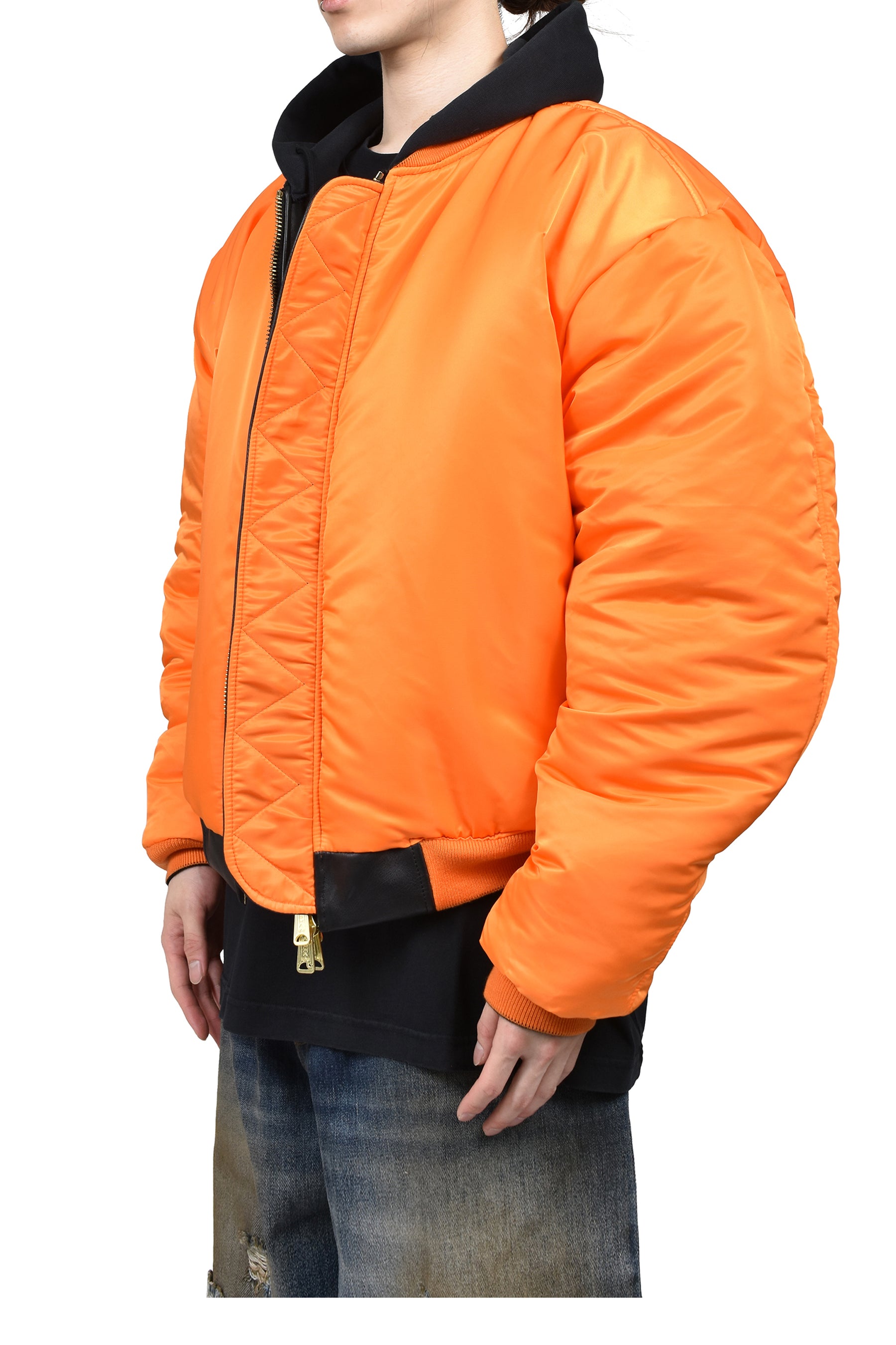 LEATHER BOMBER WITH ATTACHED HOOD / BLK