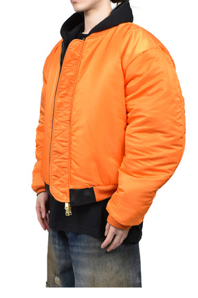 LEATHER BOMBER WITH ATTACHED HOOD / BLK