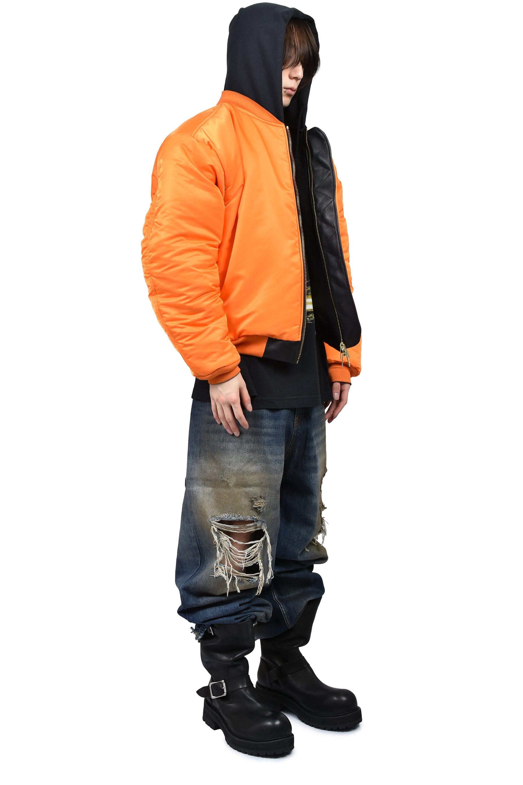 LEATHER BOMBER WITH ATTACHED HOOD / BLK