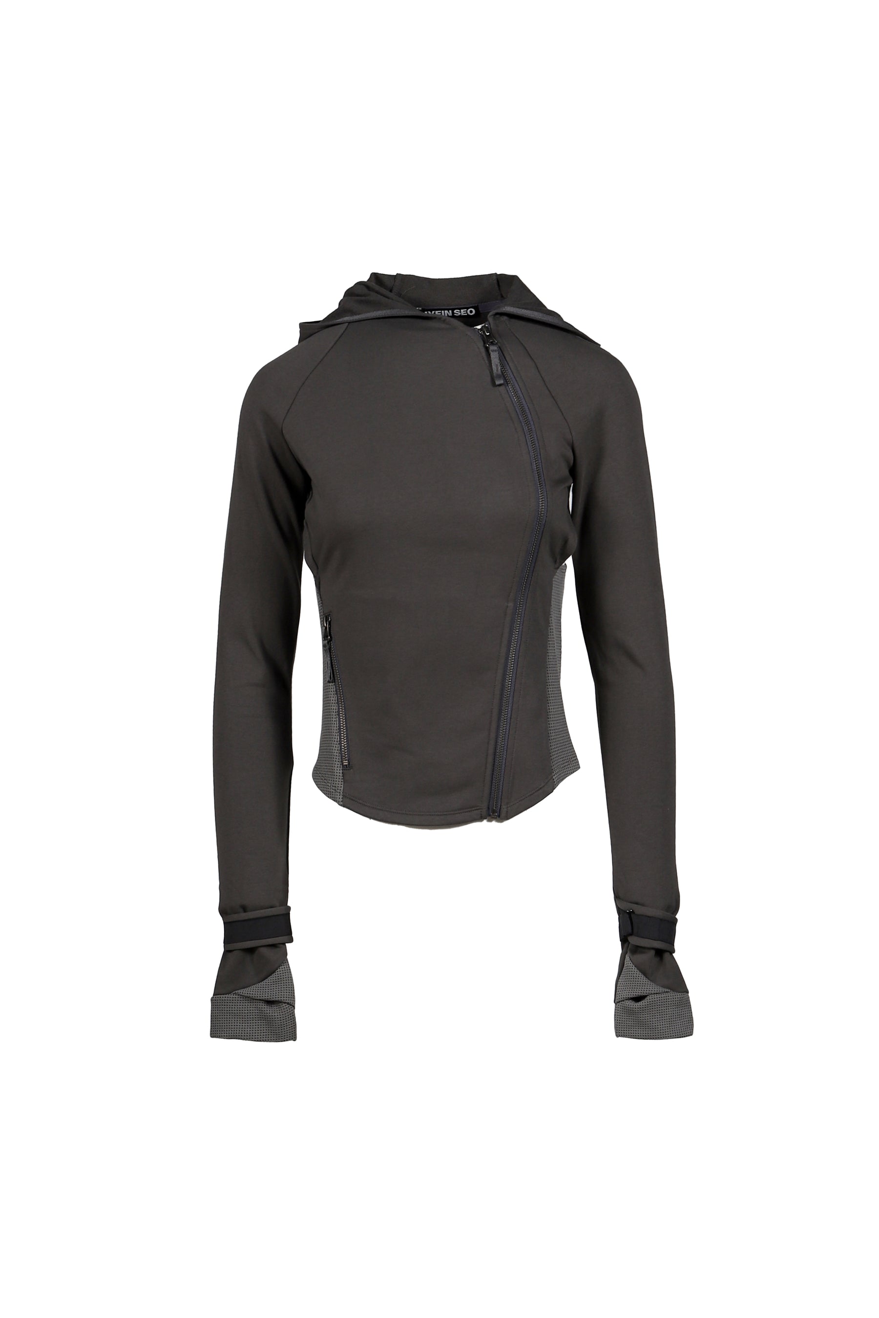HOODED ASYMMETRIC ZIP TOP / DARK GRY