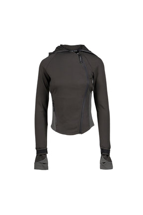 HOODED ASYMMETRIC ZIP TOP / DARK GRY
