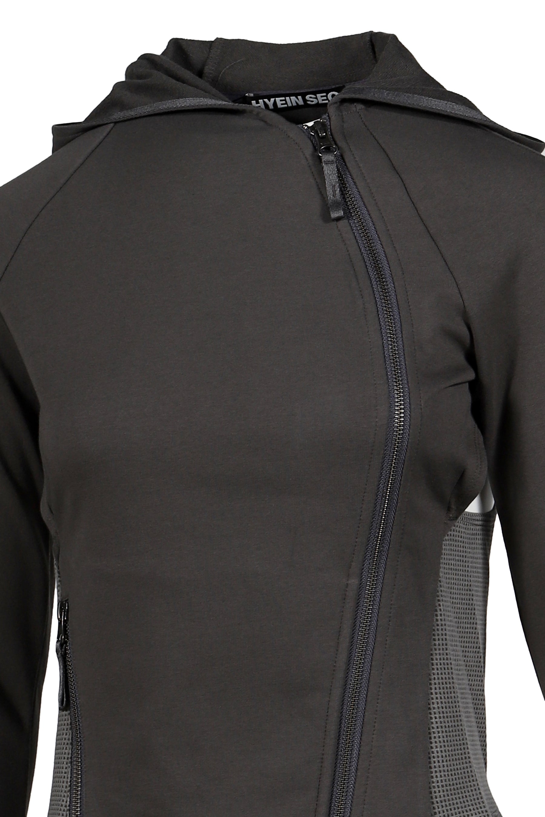 HOODED ASYMMETRIC ZIP TOP / DARK GRY