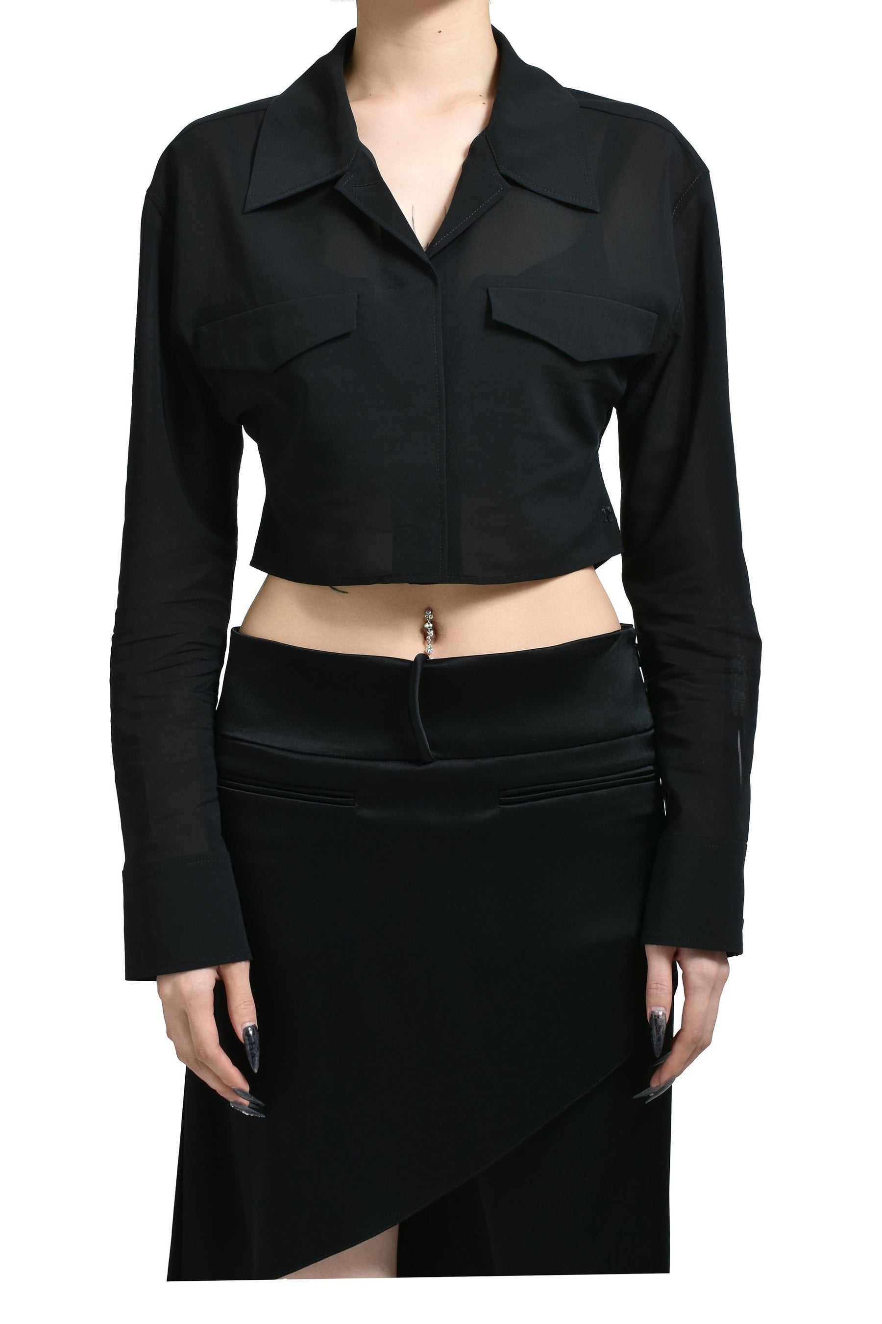 2-POCKET COTTON CROP SHIRT / BLK 