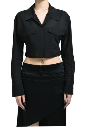 2-POCKET COTTON CROP SHIRT / BLK 