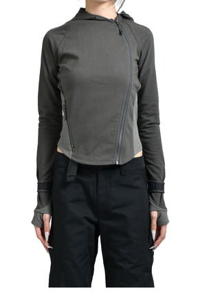 HOODED ASYMMETRIC ZIP TOP / DARK GRY